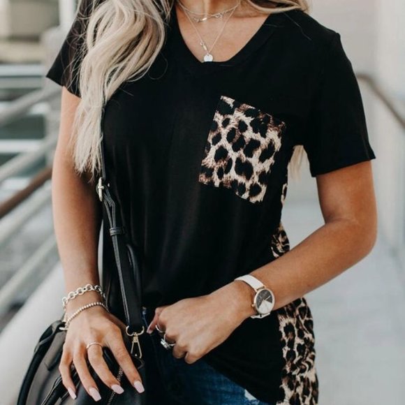 2 Tone, Leopard and Black, V-Neck Pocket T-shirt - Picture 1 of 5